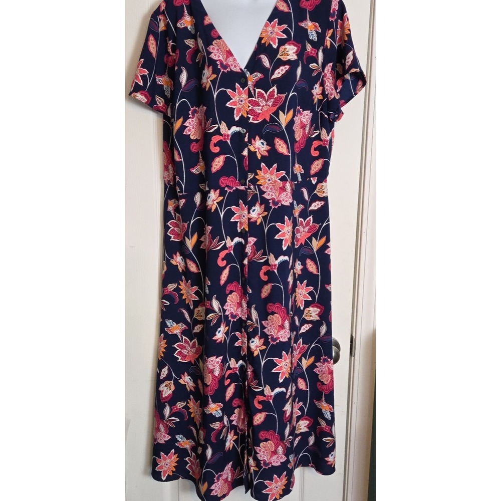 Loft 16 Navy Pink Floral Dress Size V Neck Full Button Cottagecore Fairy Boho‎
